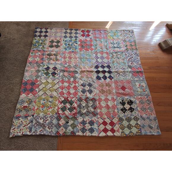 Vintage Large Hand Quilted Colorful Postage Stamp Quilt 64"x64" - Picture 1 of 6